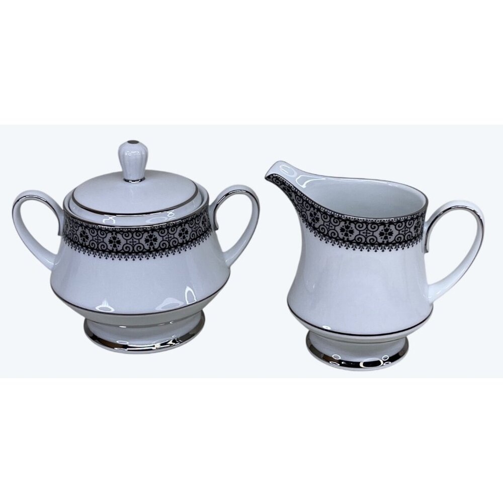 Noritake China Black White Segovia 2216 Sugar with Lid and Creamer Set